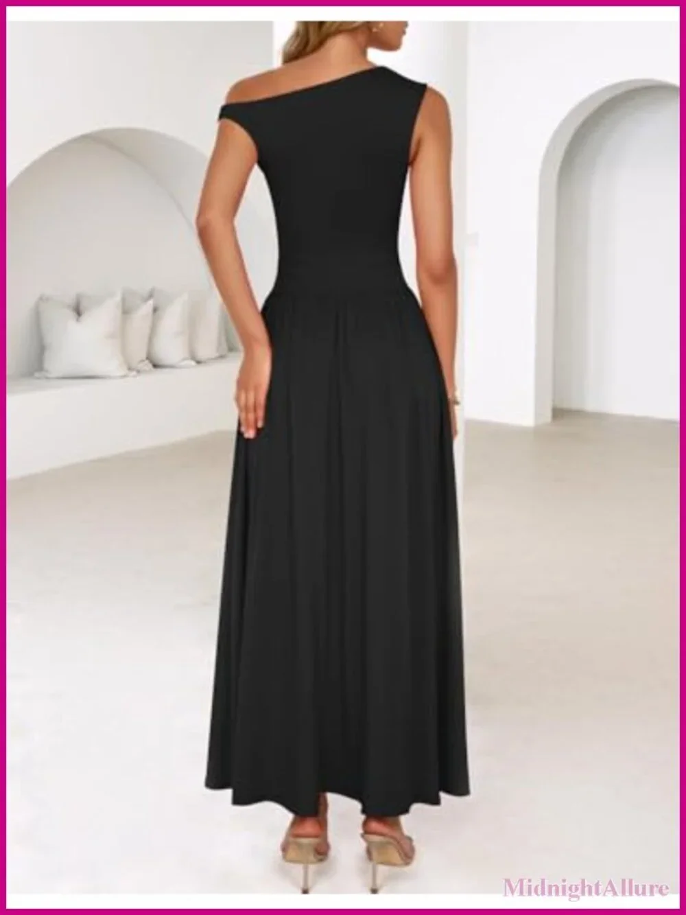 Sleeveless One Shoulder Maxi Dress with Pockets Flowy Formal